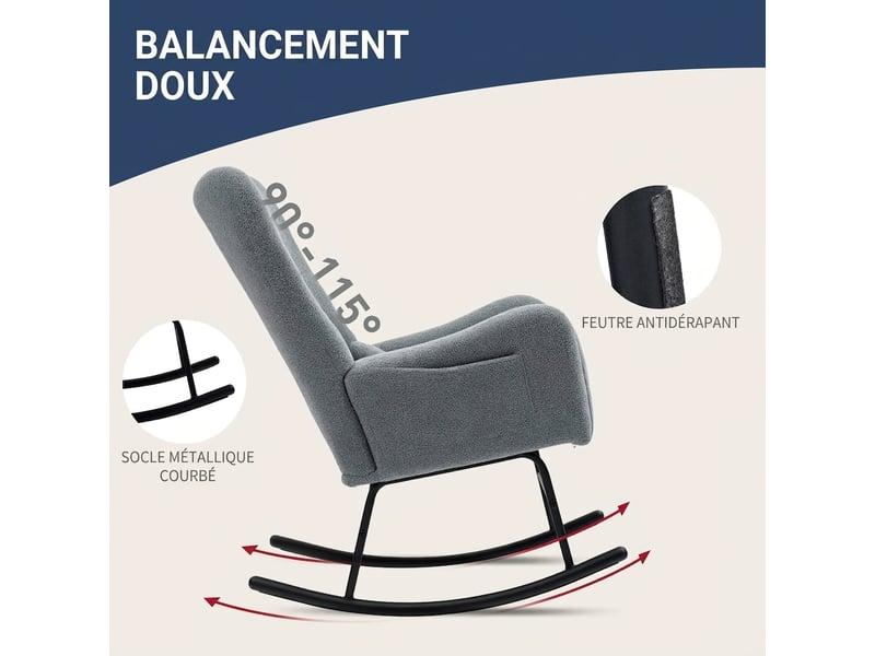  Fauteuil à bascule gris en tissu bouclette avec patins en bois et poche latérale, 120 kg max  - Conforama E