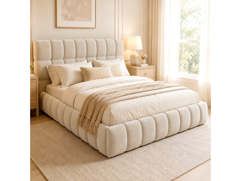  Lit double rembourré 140x200 cm, tête de lit rembourrée, cadre matelassé , pour jeunes et adultes, velours, beige  - Conforama B