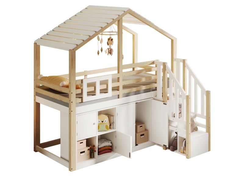  Lit mezzanine 90x200cm forme maison, barrière, casiers, échelle rangement, fenêtre, sans matelas, blanc et naturel  - Conforama A