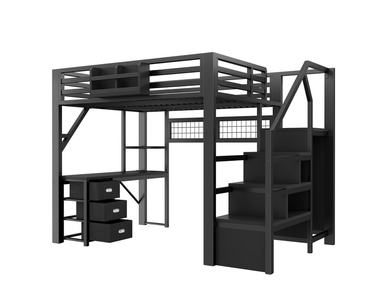  Lit mezzanine métal 140x200 cm avec bureau, 3 tiroirs, étagères, penderiearmoire et led, noir evarich - Conforama D