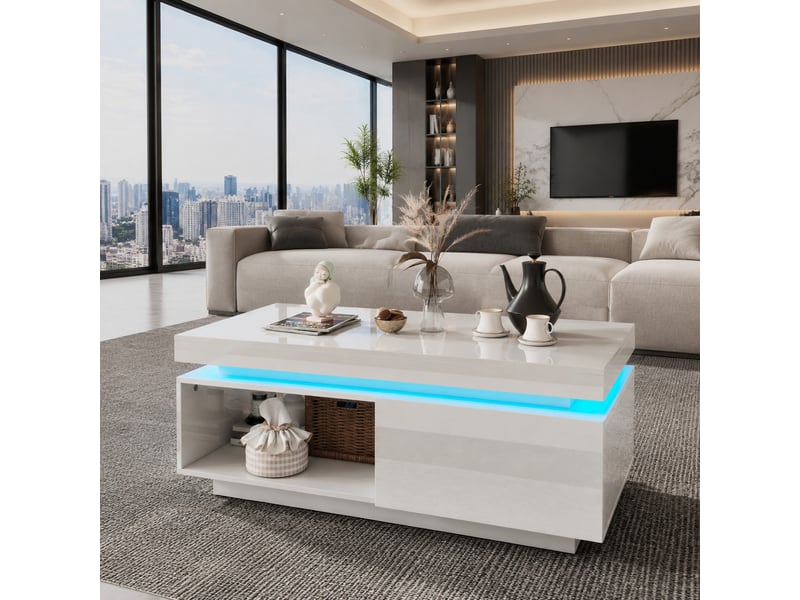  Meuble tv avec table basse, led, tiroir et finition brillante blanche, design moderne pour salon en panneaux de particules  - Conforama B