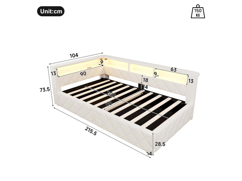 Canapé-lit coffre 90 x 200 cm - avec lumière led - avec port usb - tissu velours - beige (matelas non inclus) - Conforama C
