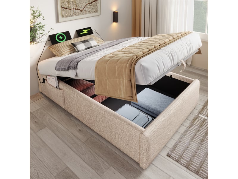 Lit coffre 90x200 cm - lit simple avec coffre de rangement et usb-c, structure métal et lin, beige, sans tête de lit - Conforama D