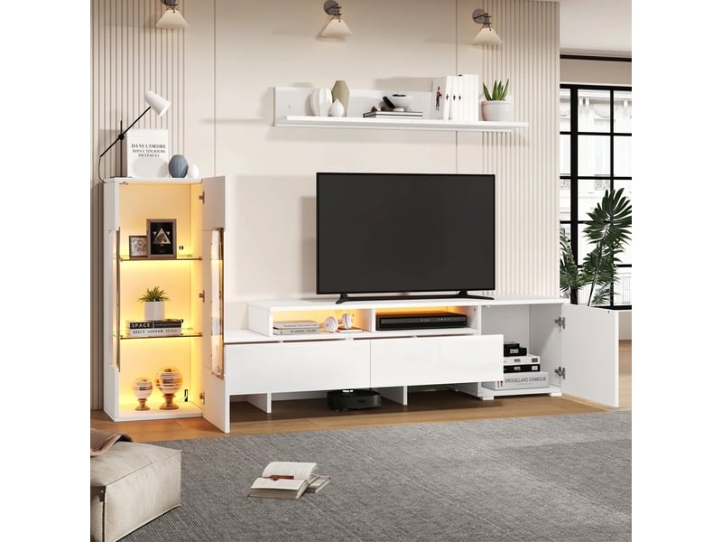  Ensemble meuble tv mural 3 pièces blanc brillant avec led, pour tv jusqu'à 70 pouces  - Conforama B