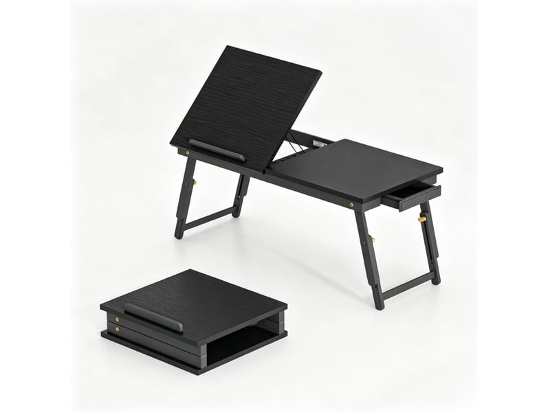 Table de lit pliable pour ordinateur portable en bambou noir, hauteur réglable et plateau inclinable 30° à 60° - Conforama A