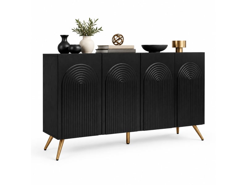  Buffet bas 4 portes 150x37x83,5 cm, rainures 3d, tablettes réglables, pieds dorés, panneaux de particules, noir  - Conforama A