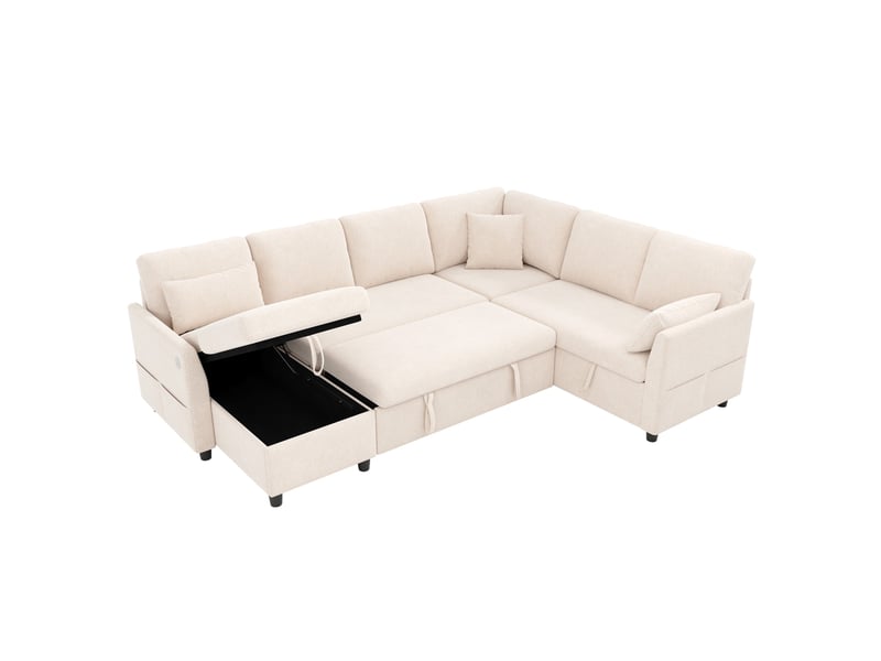Canapé d'angle convertible 6 places en lu, méridienne réversible, rangements, usbtype-c, aspect lin beige - Conforama A