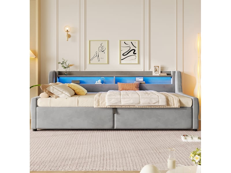  Lit pour jeune, 90x200 cm, coffre avec ouverture hydraulique, tete de lit led, allure moderne, flanelle, coloris gris  - Conforama B