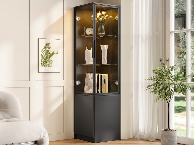  Vitrine d'angle noire à led avec portes vitrées et cadre aluminium, en panneaux de particules, 40 × 40 × 160 cm  - Conforama B