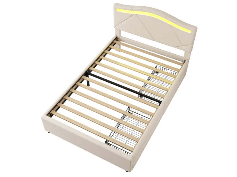 Lit enfant 90x200 cm, lit simple avec tiroirs, éclairage led et tête de lit réglable, en lin beige, sans matelas  - Conforama E