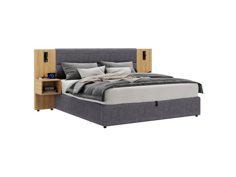  Lit double 160x200 cm avec rangement hydraulique, 2 tables de chevet, éclairage et ports usb, velours gris, sommier à lattes inclus  - Conforama A
