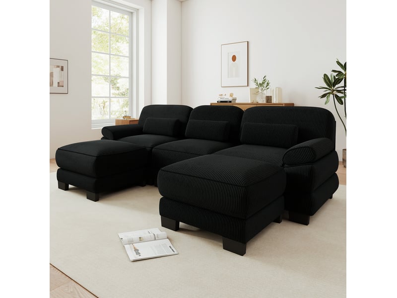  Canapé modulable 3 places tcqpz en u avec 2 poufs 265 x 161 x 94 cm velours côtelé noir  - Conforama D