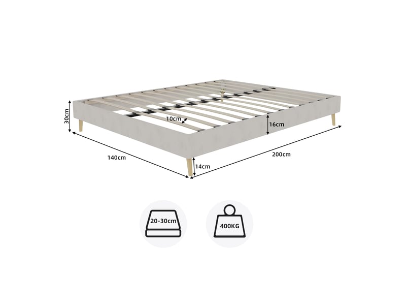  Lit 140x200 cm velours hollandais beige, structure basse, sans sommier ni mécanisme ni tête de lit ni matelas  - Conforama C