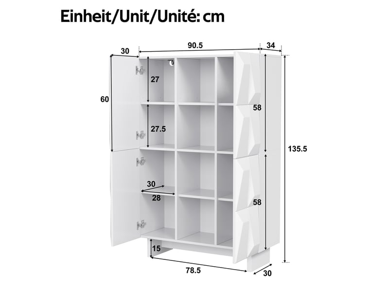  Buffet 90,5x34x135,5 cm, avec rangement en panneaux de particules, style moderne, meuble de rangement, coloris blanc  - Conforama C