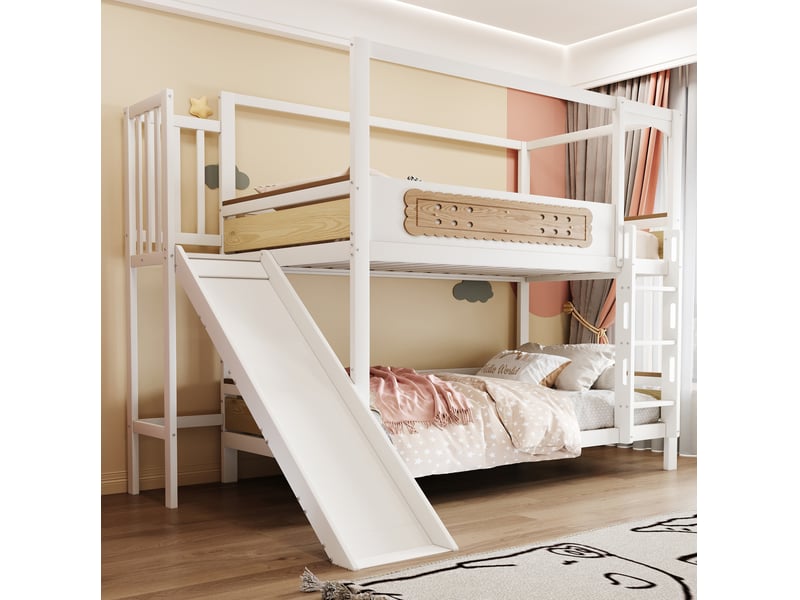  Lit superposé enfant 90x200 cm avec cadre maison, toboggan et échelle large  - Conforama B