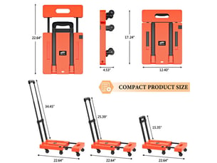 Chariot de transport pliant extendable 230 kg plateforme, 6 roues 360°