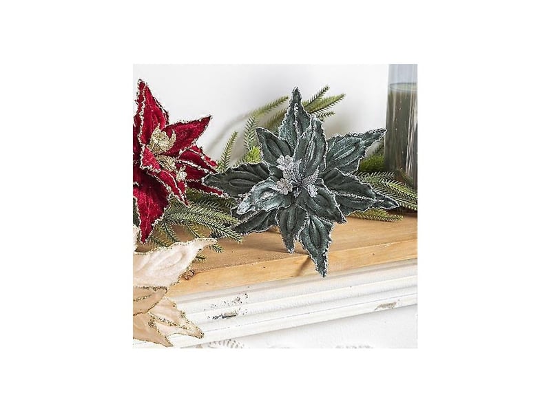  Lot de 2 fleurs artificielles de noël en velours pailleté avec pétales ajustablesvert armée  - Conforama D