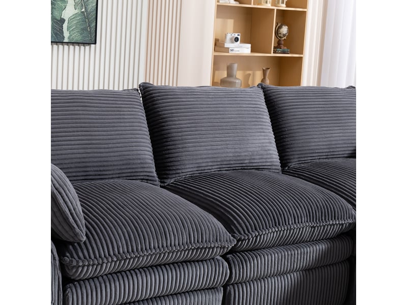 Canapé modulable 4 places en velours côtelé gris foncé avec 2 poufs, coussins et poches latérales - Conforama W