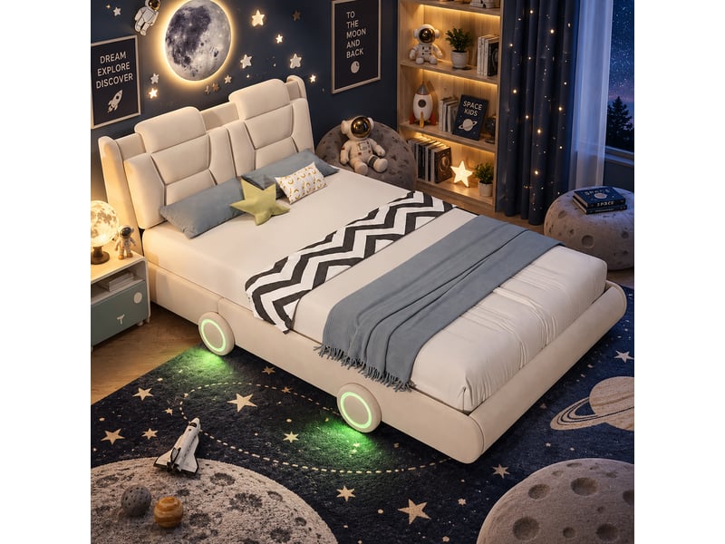  Lit voiture enfant 140x200 cm avec tête de lit réglable sur 2 hauteurs et dossier épais, lit rembourré avec roues lumineuses, flanelle, blanc crème Seren Glow - Conforama E