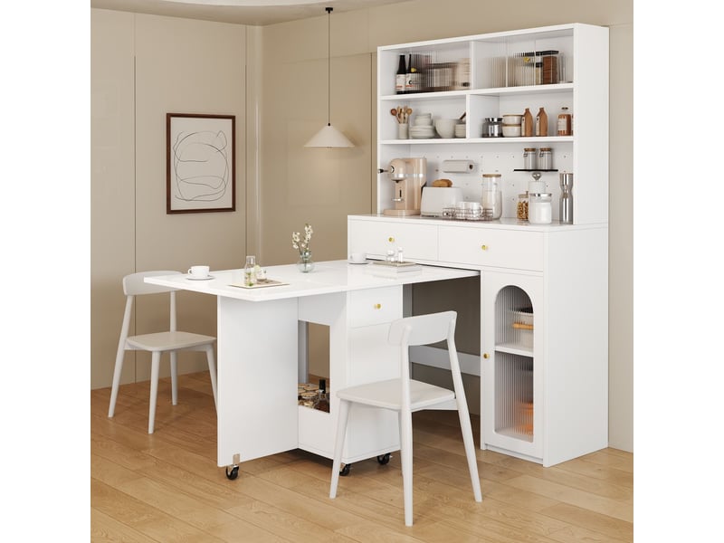  Buffet cuisine, rangement vertical buffet salon, table pliante sur roulettes, finition blanche  - Conforama A