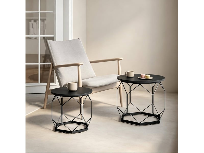  Tables basses gigognes rondes avec plateaux amovibles et rangement ouvert design moderne en bois et métal noir pour salon  - Conforama B