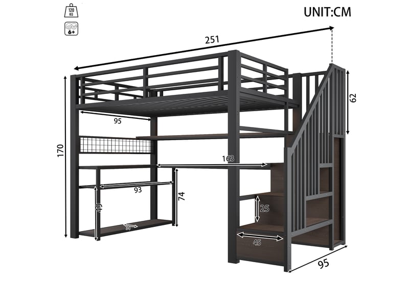  Lit mezzanine 90 × 200 cm avec bureau, armoire, étagères, escalier de rangement et éclairage led, noir, chambre  - Conforama C