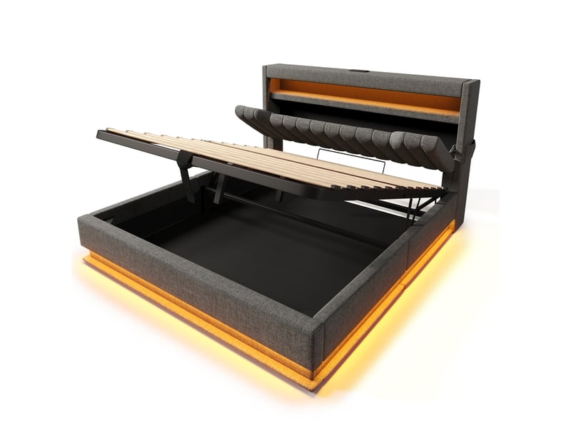  Lit coffre rembourré 160×200cm, tête de lit avec rangement, ports usb, led, tissu lin, lit double, sans matelas, gris  - Conforama D