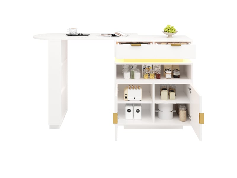  Table de bar extensible blanche 115-183×40×99 cm, îlot cuisine, led, rangement, rotation 360°, bar mobile  - Conforama A