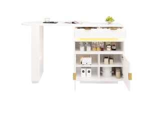 Table de bar extensible blanche 115-183×40×99 cm, îlot cuisine, led, rangement, rotation 360°, bar mobile