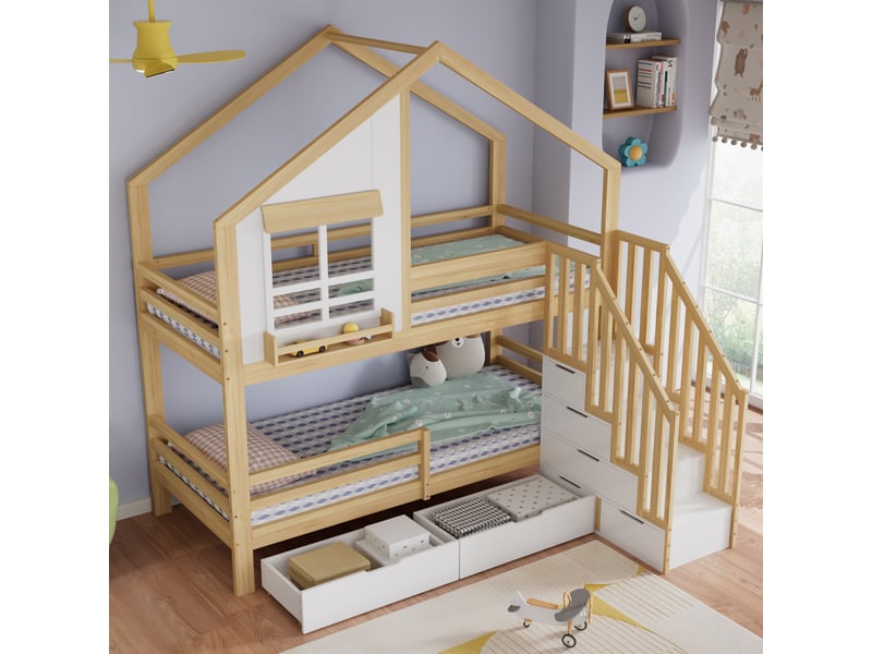  Lit superposé 90×200 cm avec tiroirs, fenêtres et escalier de rangement avec rampes, forme de maison adapté aux enfants et adolescents, blanc et naturel  - Conforama R