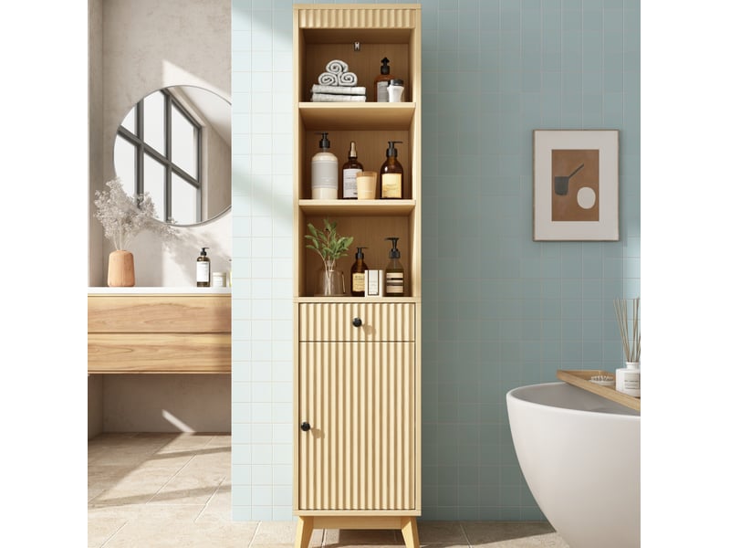  Colonne de salle de bain 40x36x172 cm, panneaux mdf naturels, pieds stables, tiroir avec fermeture douce et porte réversible  - Conforama D
