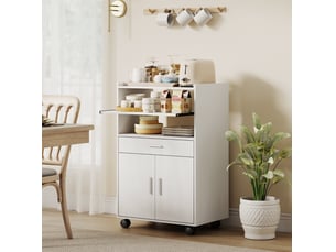 Meuble micro-ondes 59x40x92 cm blanc mdf, avec étagère ouverte, tiroir, placard 2 portes et roulettes