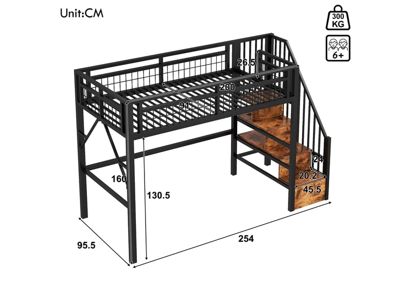  Lit mezzanine contemporain 90x200 cm, lit simple, lit enfant, marches de rangement, mdf et métal, noir, sans matelas  - Conforama C