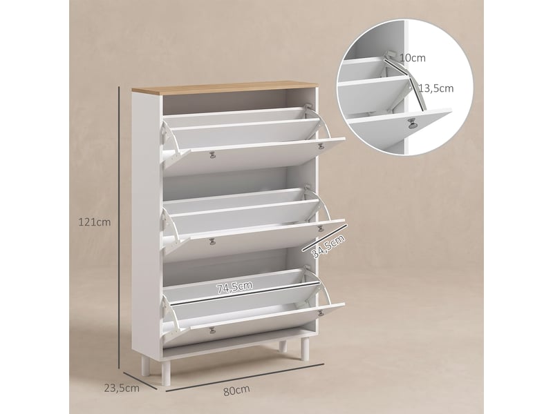  Meuble à chaussures 24 paires, armoire à chaussures étroite avec 3 tiroirs rabattables, étagères réglables, blanc  - Conforama D