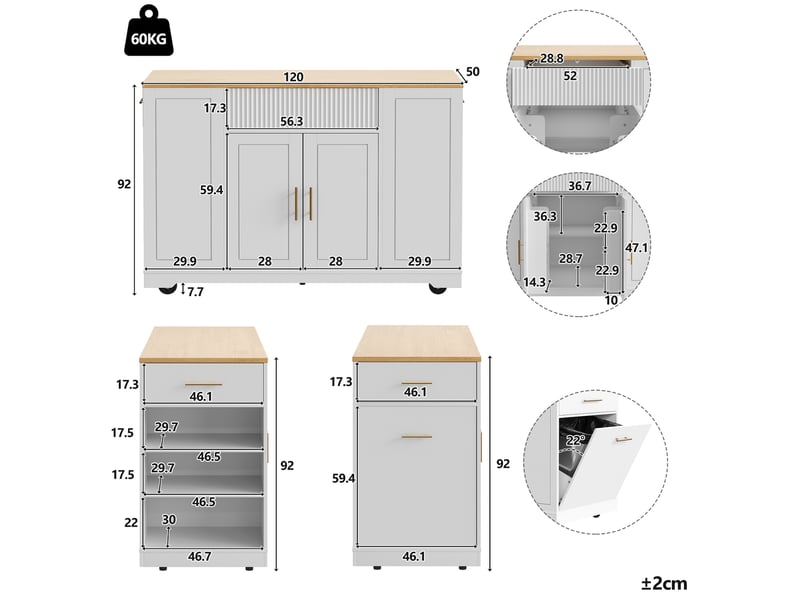 Îlot de cuisine 120x50x92 cm avec roulettes, compartiment pour bac à déchets, 2 portes et 3 tiroirs mdf métal blanc - Conforama C