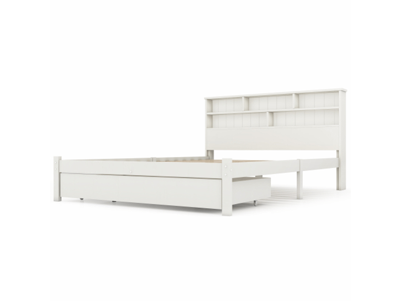  Lit 140x200 cm bois massif blanc – rangements tiroirs, tête de lit bibliothèque et sommier inclus  - Conforama A