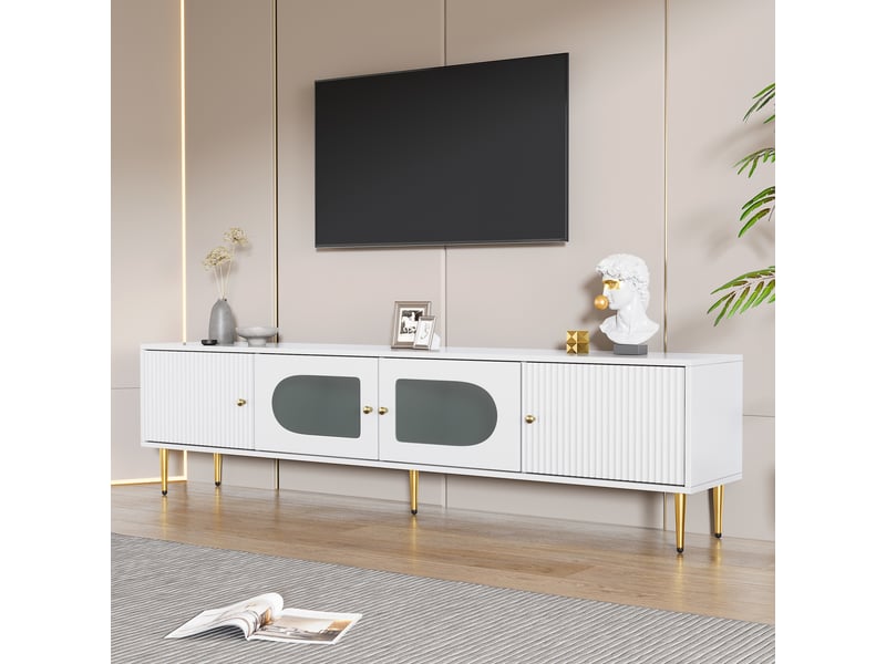  Meuble tv élégant 170x35x50 cm, 2 portes à rainures verticales, corps blanc avec pieds et poignées dorés, 2 portes à verre bombé  - Conforama D