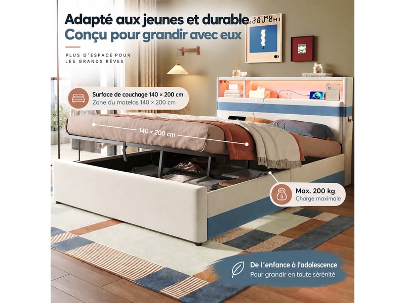  Lit coffre lit rembourré lit double led avec fonction de chargement usb et éclairage led lit 140x200cm blanc et bleu  - Conforama D