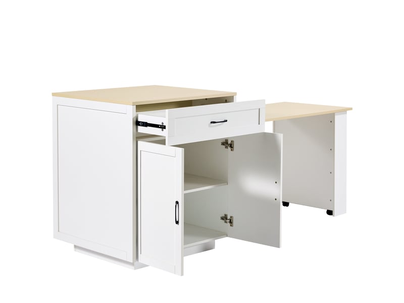  Table de bar extensible avec rangement (133-202×70×93,5 cm), avec 2 tiroirs et 2 compartiments, îlot de cuisine extensible pour 2 à 6 personnes, desserte de cuisine avec étagères latérales, blanche  - Conforama E