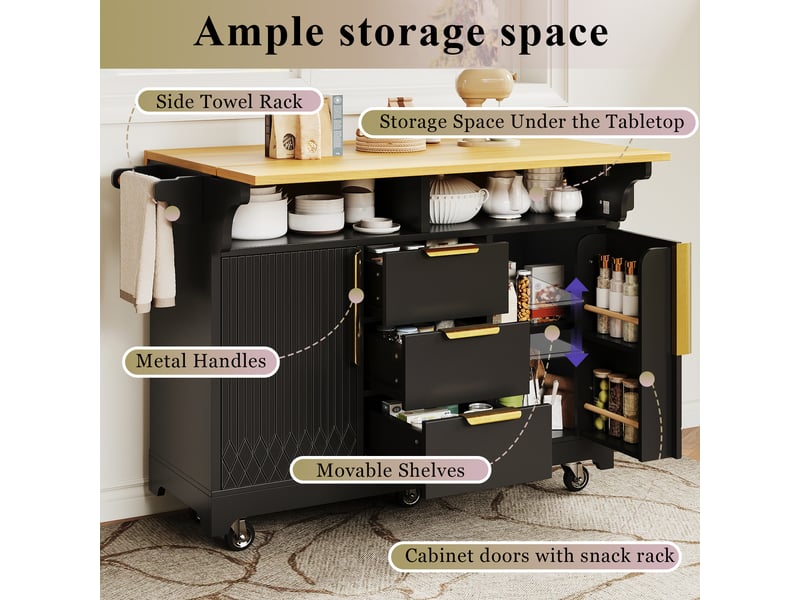  Desserte de cuisine avec 3 tiroirs, plateaux rabattables, roulettes et porte-serviettes en mdf noir 120×40×95 cm  - Conforama E