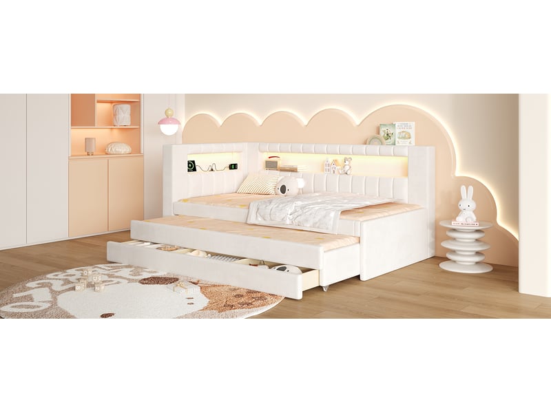  Lit banquette simple 90×200 cm avec lit gigogne, 3 tiroirs, led réglable et usb - okmyhome- blanc, sans matelas  - Conforama E