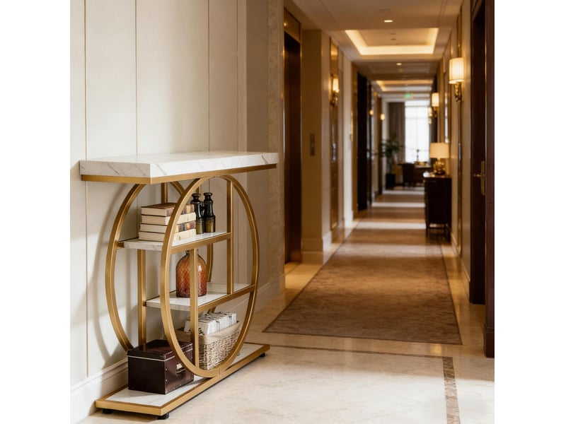  Console à 4 niveaux avec base ronde et plateau épais, style industriel, pour entrée et salon, 105 × 30 × 80 cm  - Conforama E