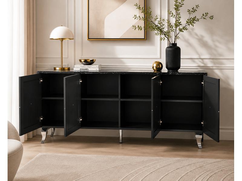  Buffet baroque – laqué marbre noir pieds chrome – 4 portes – 180x40x80 cm  - Conforama E