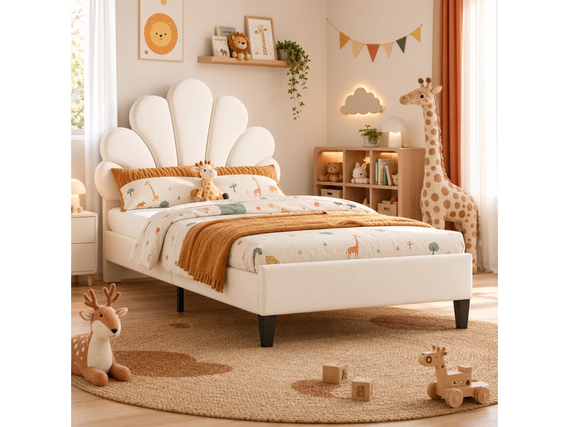  Lit enfant 90x200 avec sommier à lattes - lit rembourré 1 places avec tête de lit en forme de fleur - lit rembourré avec tête de lit florale réglable - 1 place - lit simple avec tête de lit fleur réglable en hauteur - 1 personne…  - Conforama E