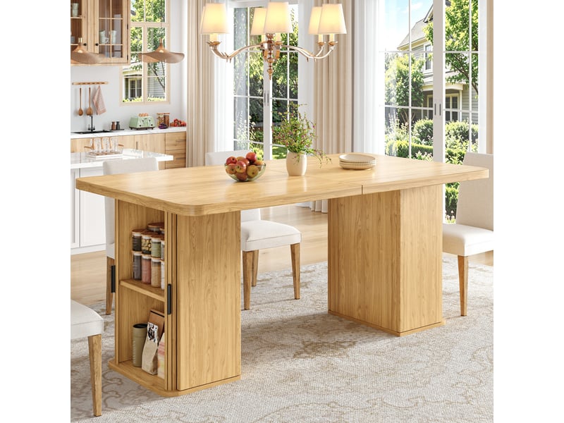  Table à manger extensible 140x80 cm jusqu' à 180x80 cm, rallonge intégrée, rangements latéraux avec etagéres, piètement métallique, mdf+metal, finition bois Morn Vibe - Conforama C