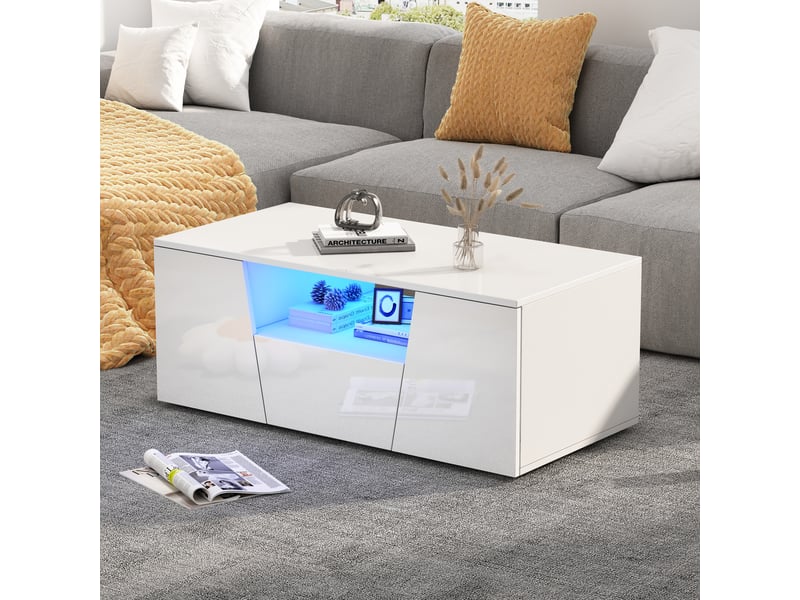  Table basse blanche brillante 100x50x40 cm, table de salon avec éclairage led, 2 placards et 1 tiroir, design asymétrique  - Conforama R