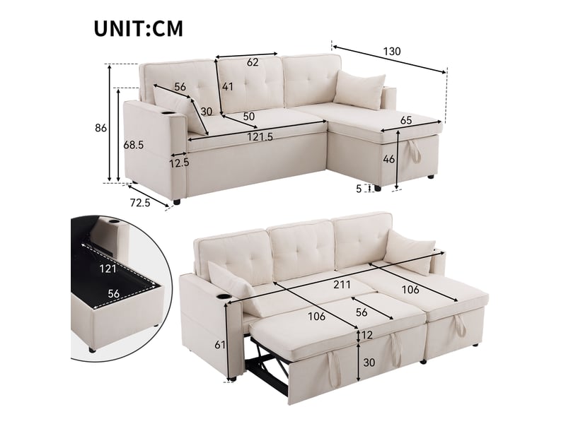  Canapé convertible 3 places beige en tissu aspect lin avec coffre et méridienne réversible  - Conforama C