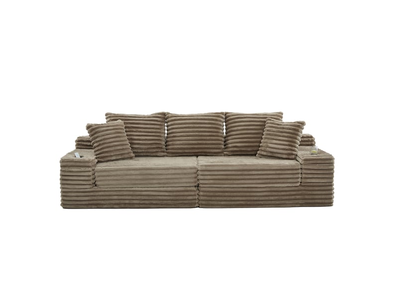  Canapé modulable convertible cordou kaki avec rangement latéral et porte-gobelets pour salon moderne  - Conforama A