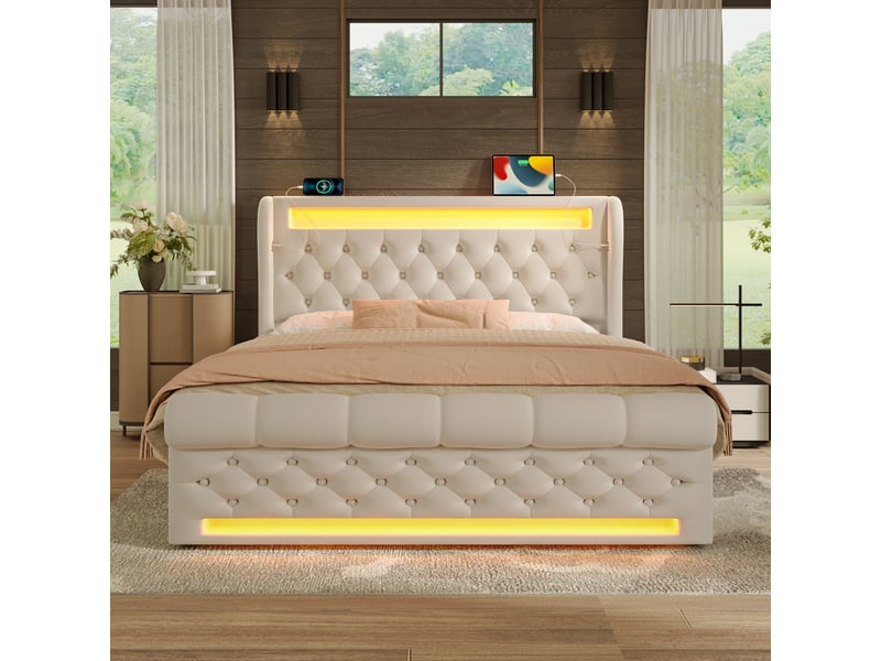  Lit coffre 140x200 cm - lit double avec rangement et éclairage led, prises usbtype-c, en velours beige - sans matelas  - Conforama E