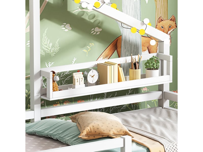  Lit cabane enfant 90x200 cm avec étagères, lit simple avec design en forme de cheminée, lit enfant rembourré, lit 1 personne, blanc  - Conforama C